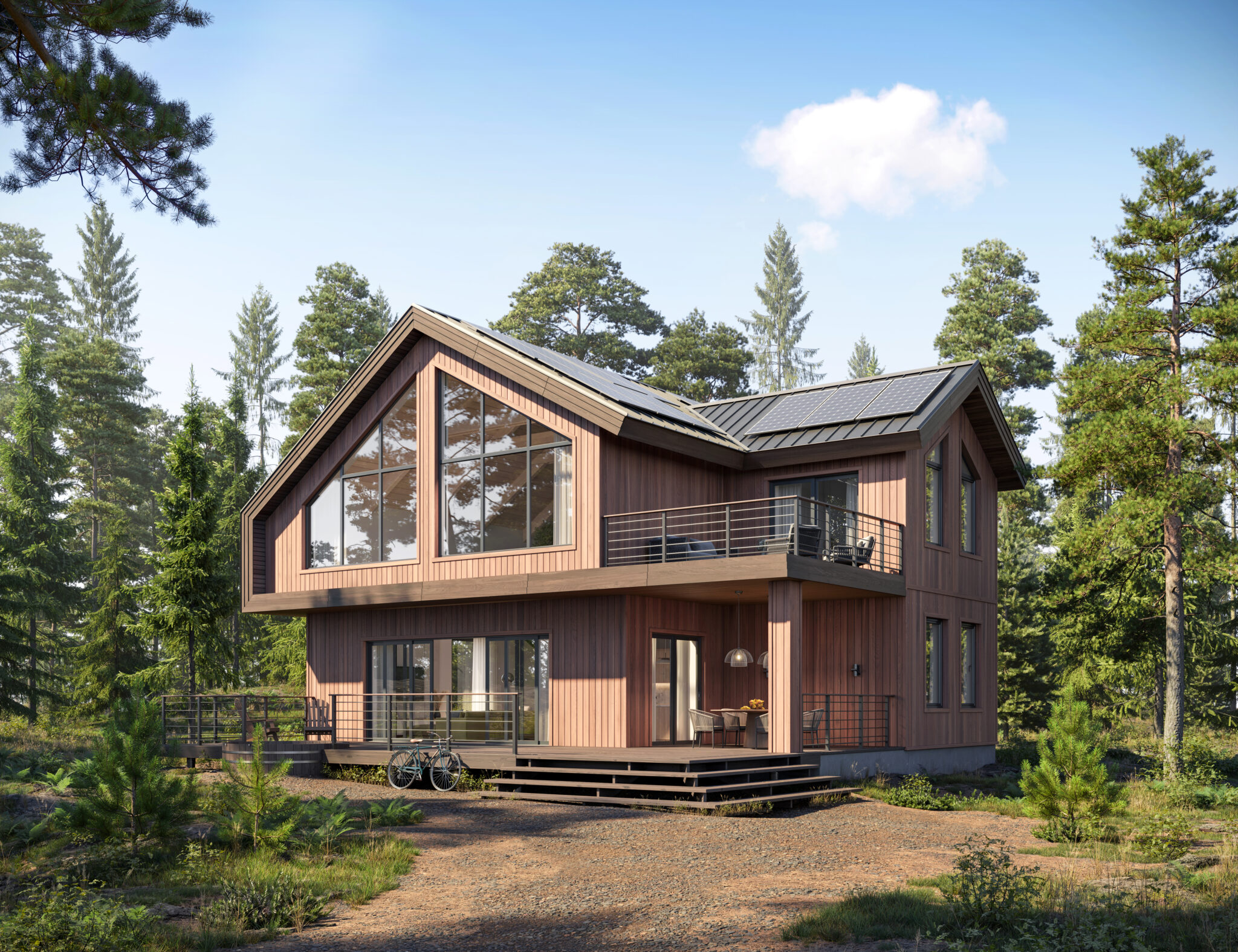 Digital generated image of a nice home in forest during daytime. 3D rendering exterior of a forest house with small porch and driveway.
